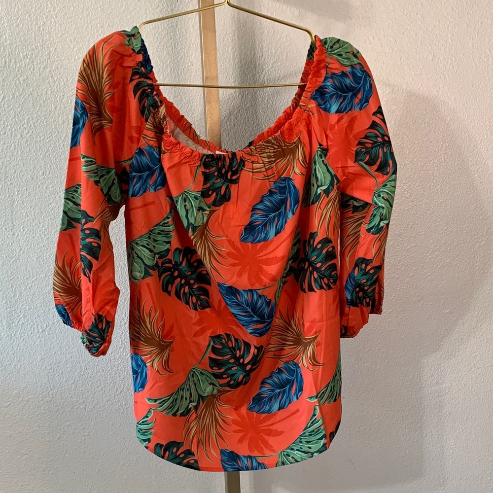 Vibrant orange Leaf Print Women's off the shoulder tropical print Blouse- 1X